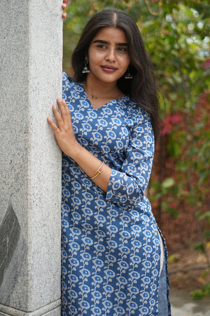 Blue Blossom Printed Straight Kurti Top | LCTB035