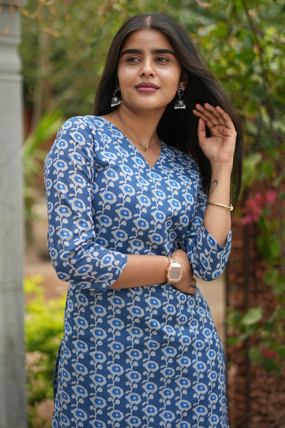 Blue Blossom Printed Straight Kurti Top | LCTB035