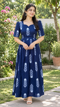 Navy Blue Hand Block Style Leaf & Flower Print Cotton Gown Dress for Women | B -016