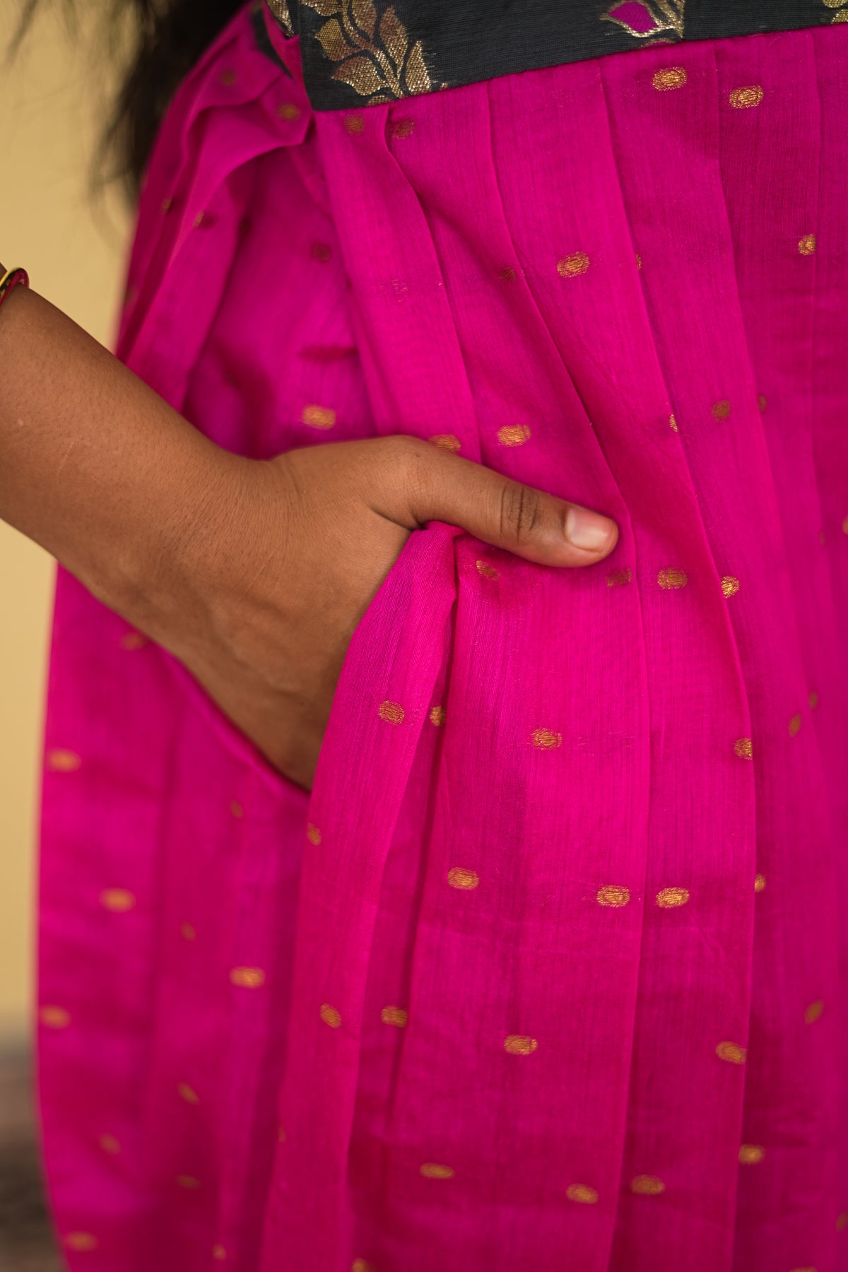Rani Pink Orchid Pleated Copper Zari Tree Border Maxi dress | E - 011