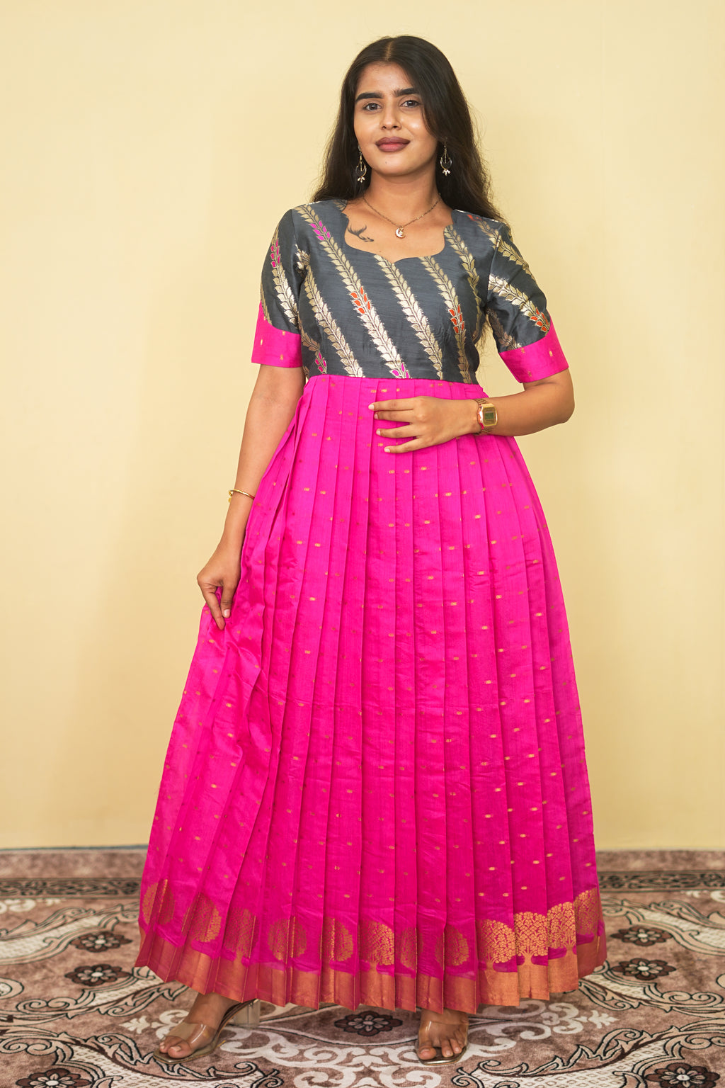 Rani Pink Orchid Pleated Copper Zari Tree Border Maxi dress | E - 011