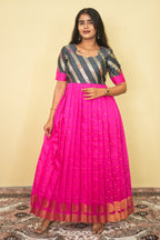 Rani Pink Orchid Pleated Copper Zari Tree Border Maxi dress | E - 011