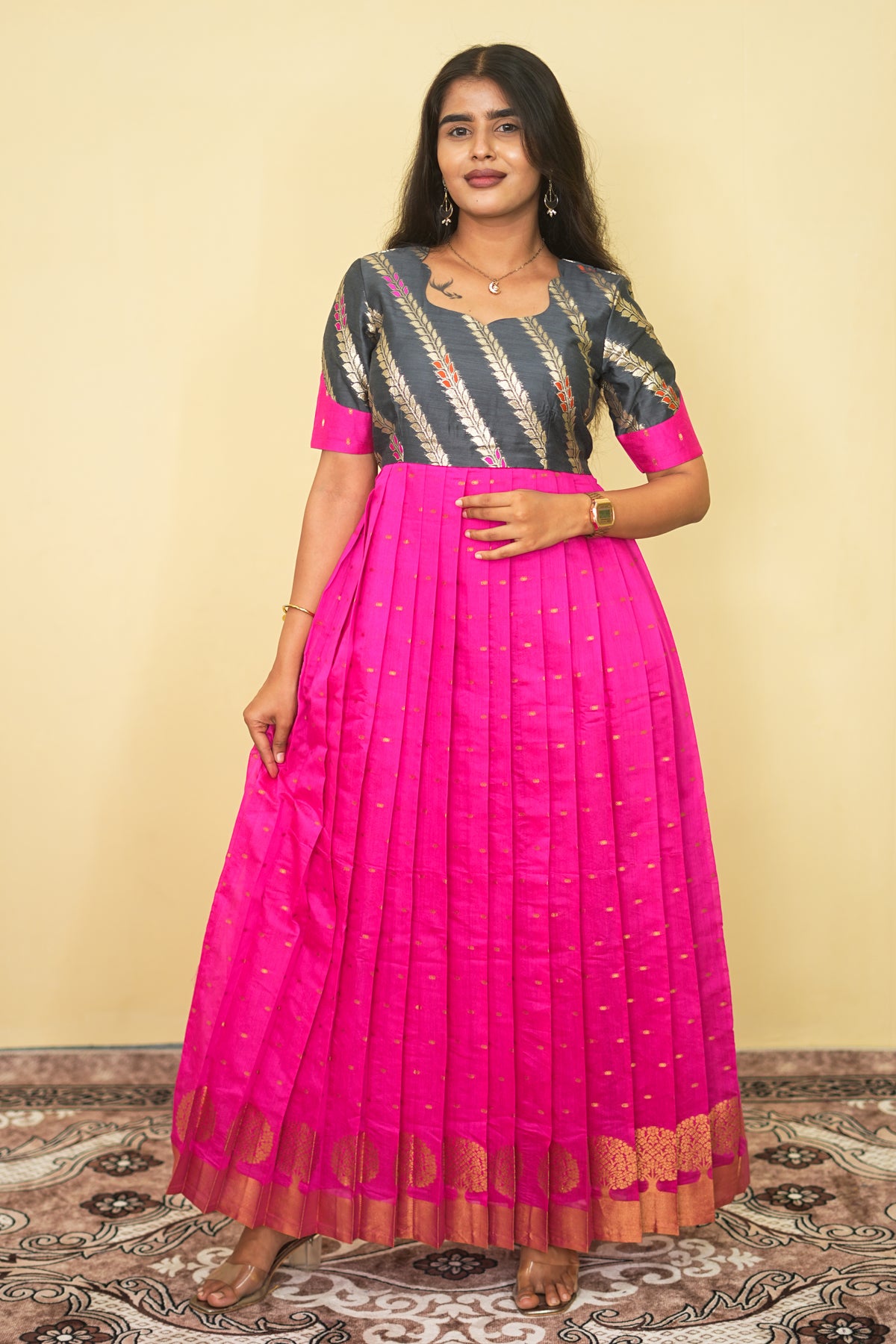 Rani Pink Orchid Pleated Copper Zari Tree Border Maxi dress | E - 011