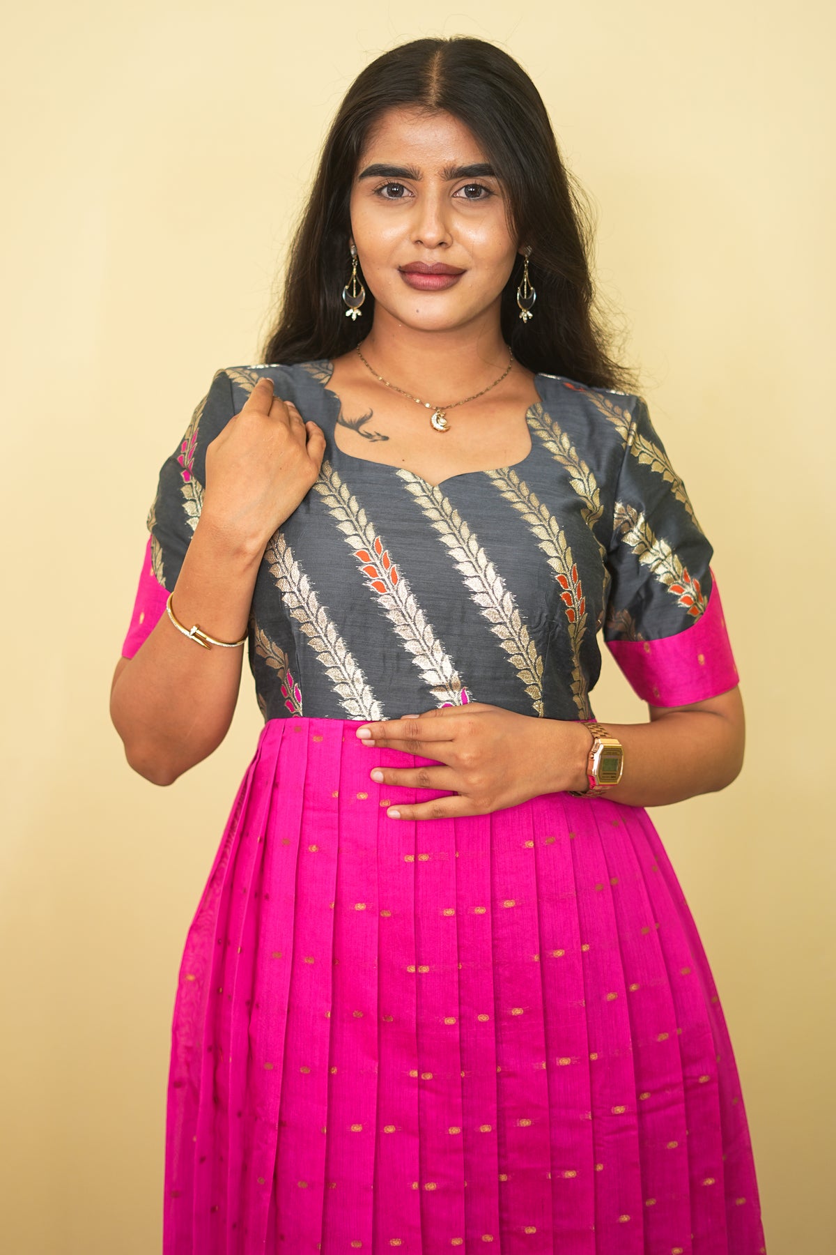 Rani Pink Orchid Pleated Copper Zari Tree Border Maxi dress | E - 011