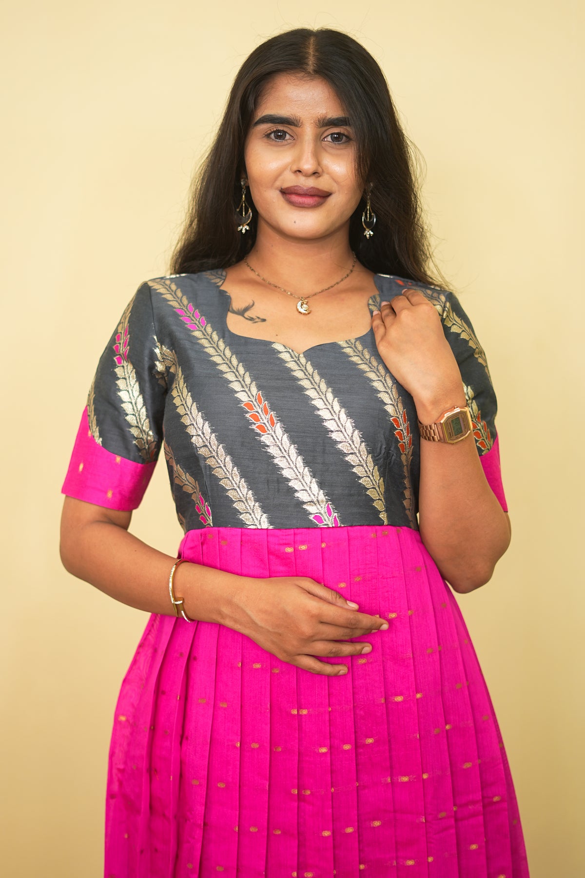 Rani Pink Orchid Pleated Copper Zari Tree Border Maxi dress | E - 011