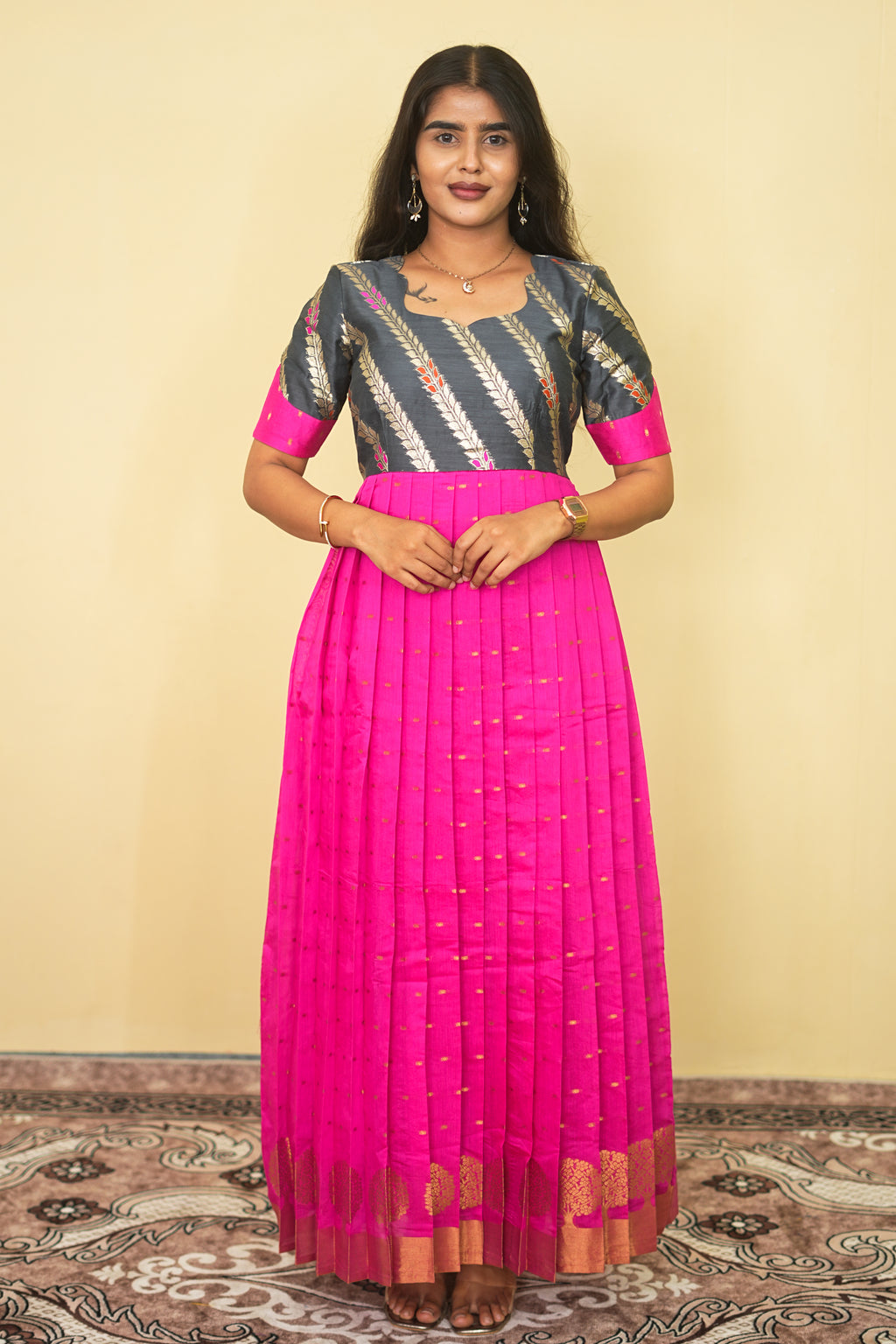 Rani Pink Orchid Pleated Copper Zari Tree Border Maxi dress | E - 011