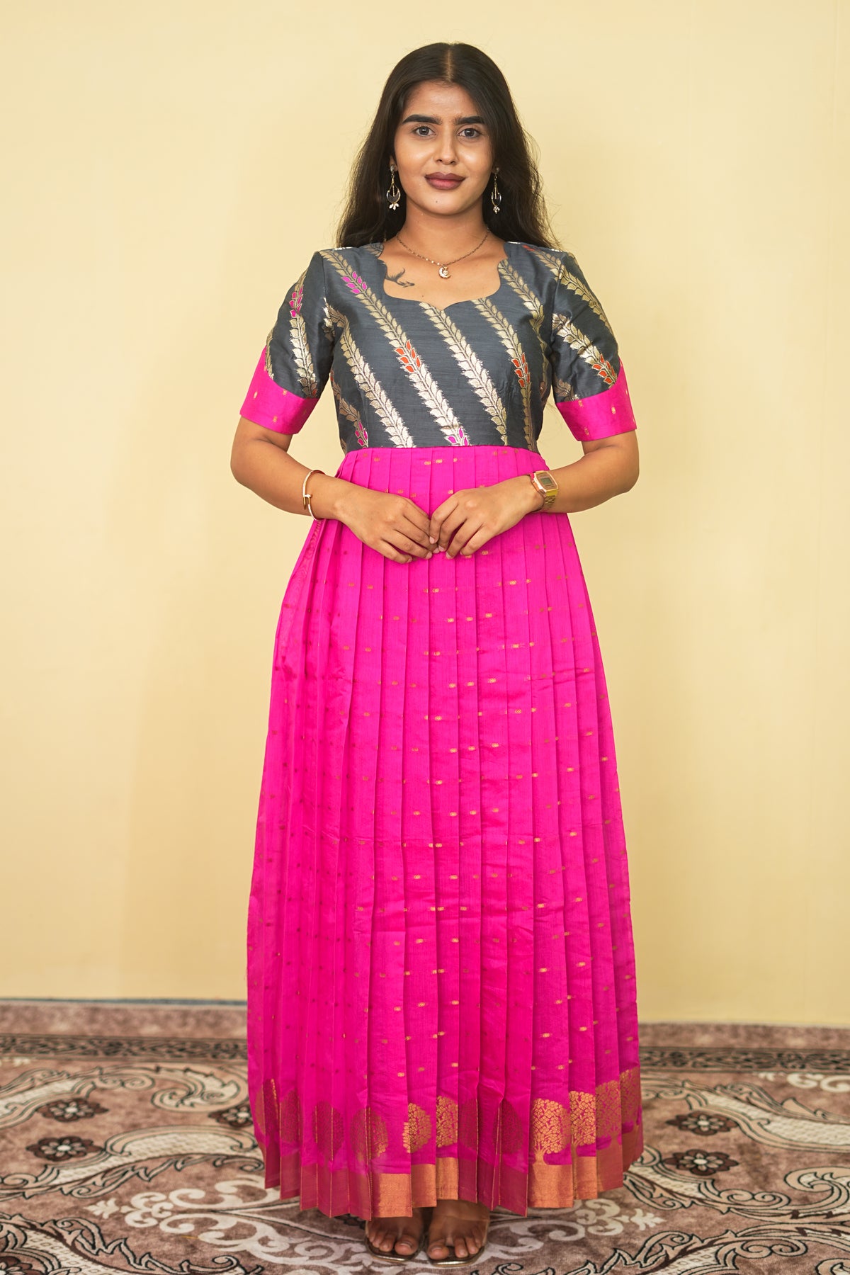 Rani Pink Orchid Pleated Copper Zari Tree Border Maxi dress | E - 011