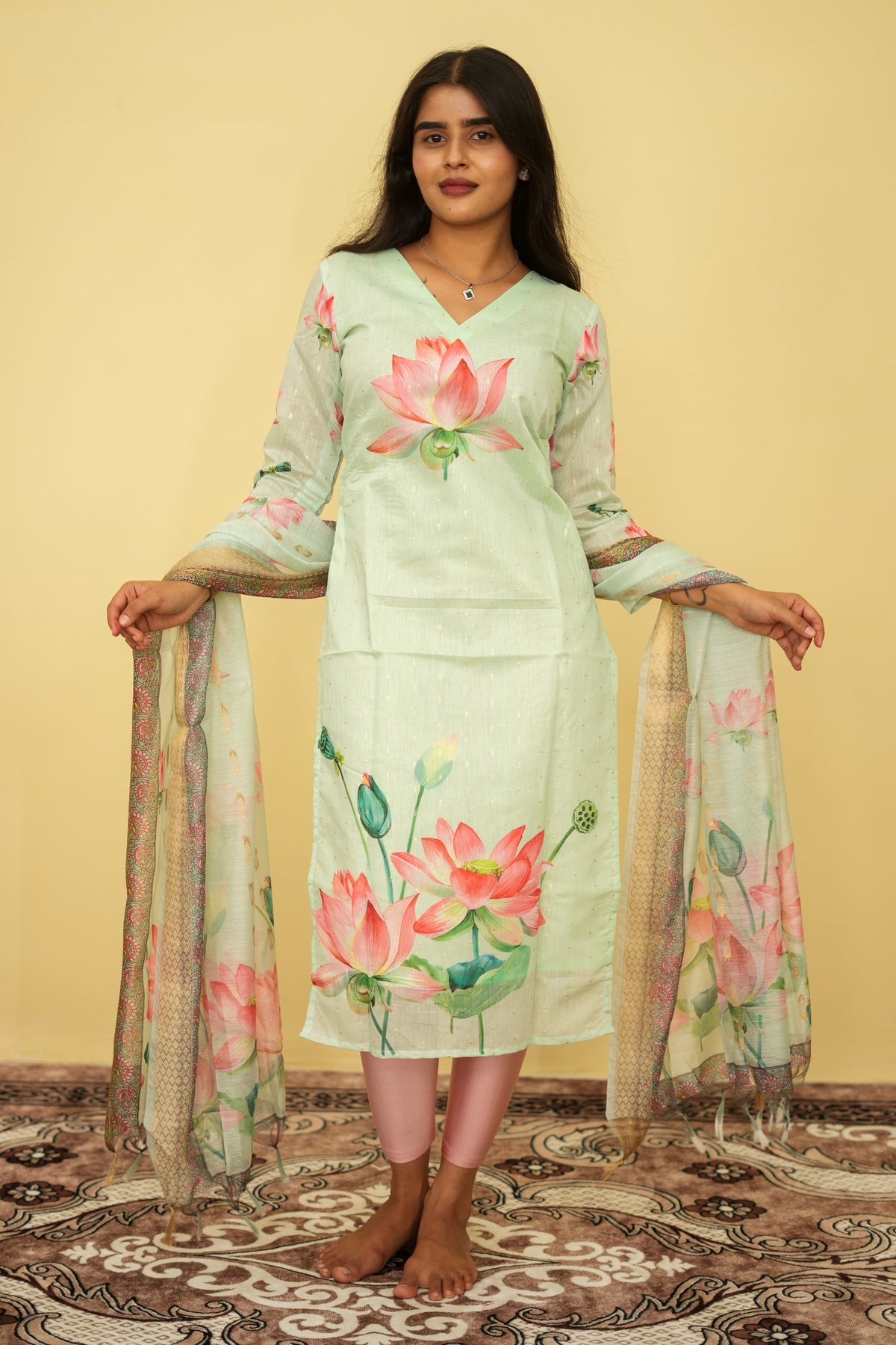 Pistha Blush Petals Printed Kurta with Dupatta | F - 002