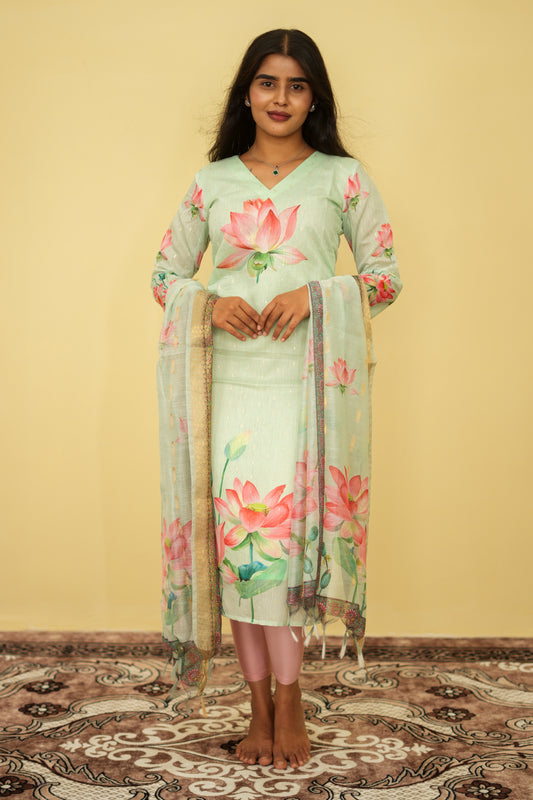 Pistha Blush Petals Printed Kurta with Dupatta | F - 002