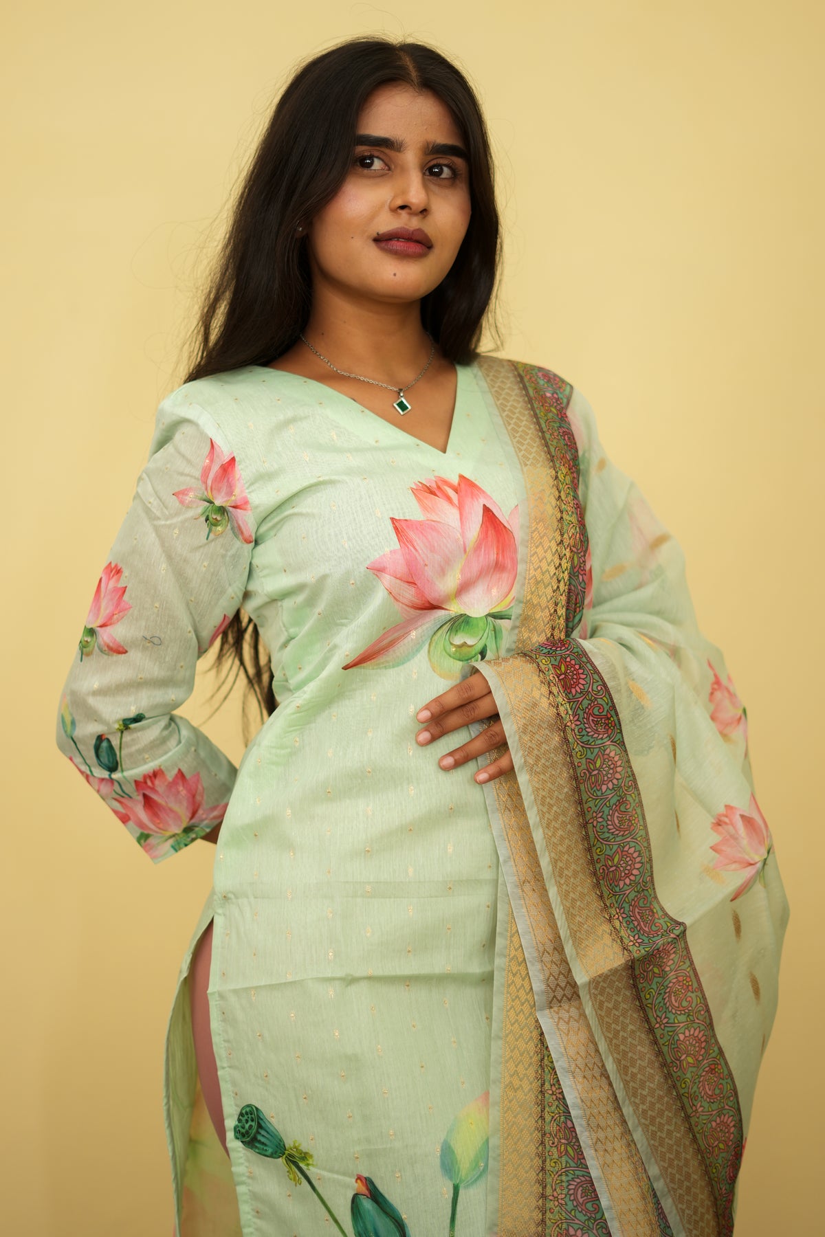 Pistha Blush Petals Printed Kurta with Dupatta | F - 002