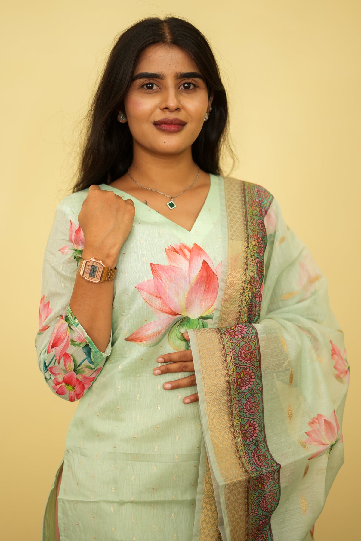 Pistha Blush Petals Printed Kurta with Dupatta | F - 002