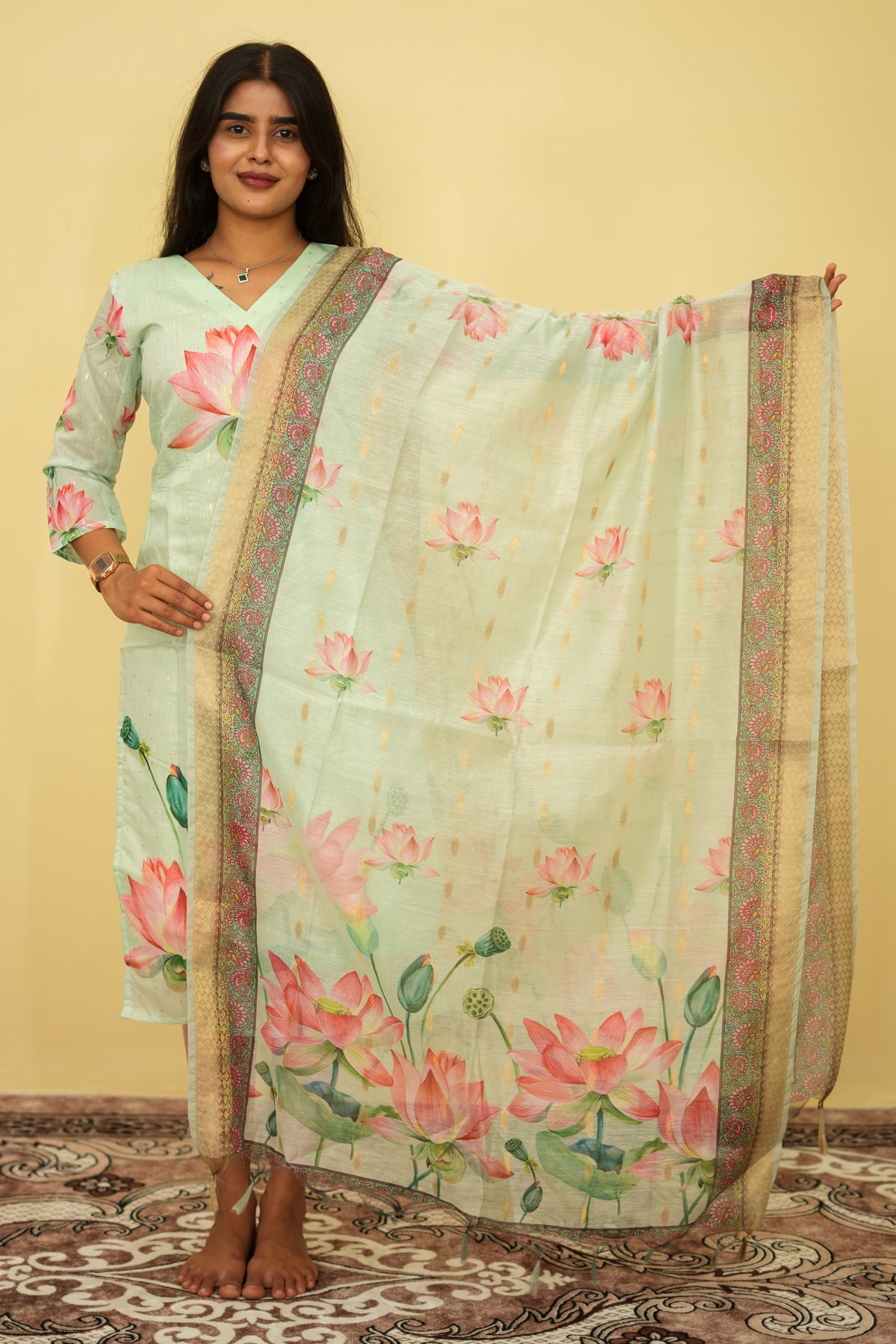 Pistha Blush Petals Printed Kurta with Dupatta | F - 002