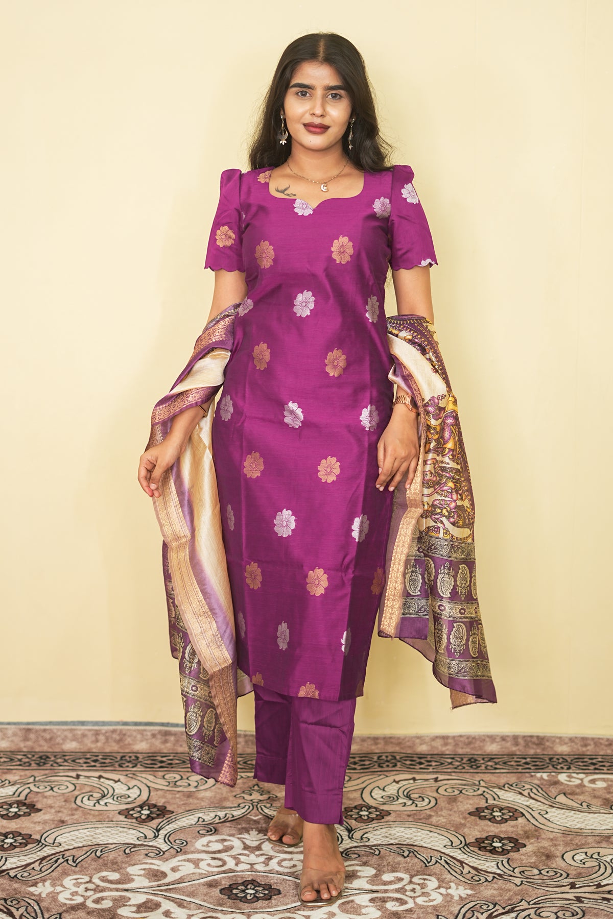 Magenta Purple Silk Blend Kurta Set with Kalamkari Print Dupatta | G - 020