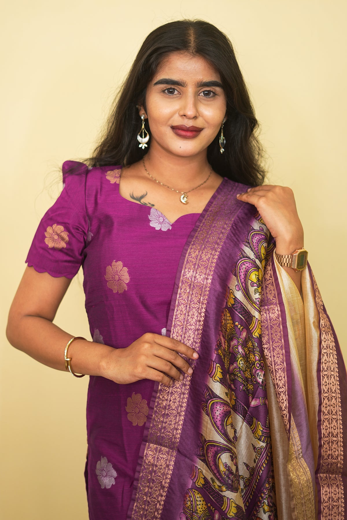Magenta Purple Silk Blend Kurta Set with Kalamkari Print Dupatta | G - 020