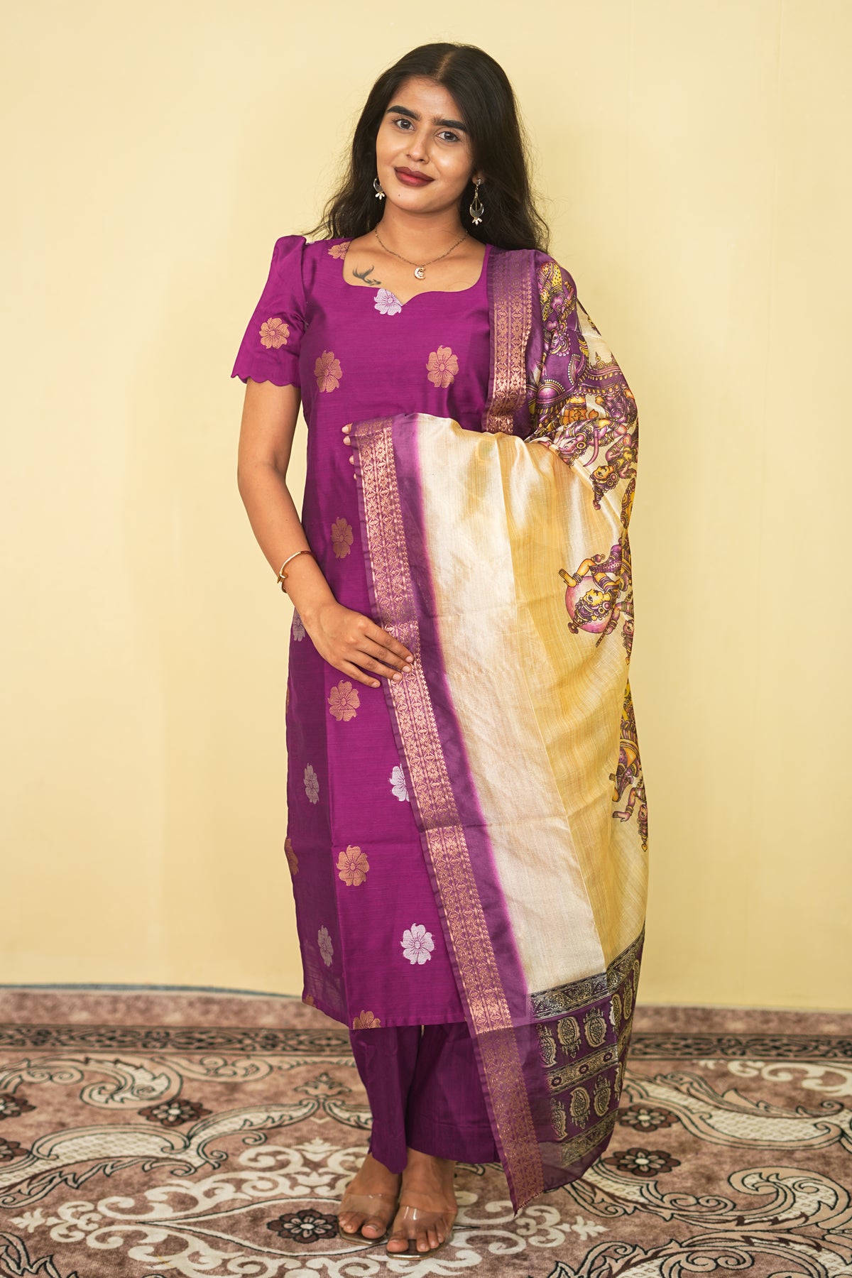 Magenta Purple Silk Blend Kurta Set with Kalamkari Print Dupatta | G - 020