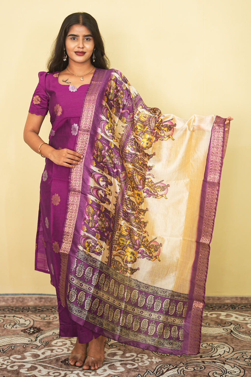 Magenta Purple Silk Blend Kurta Set with Kalamkari Print Dupatta | G - 020
