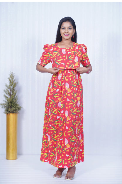 Zipless Feeding Maternity Gown Red Leaf- Puff sleeve 52 inches
