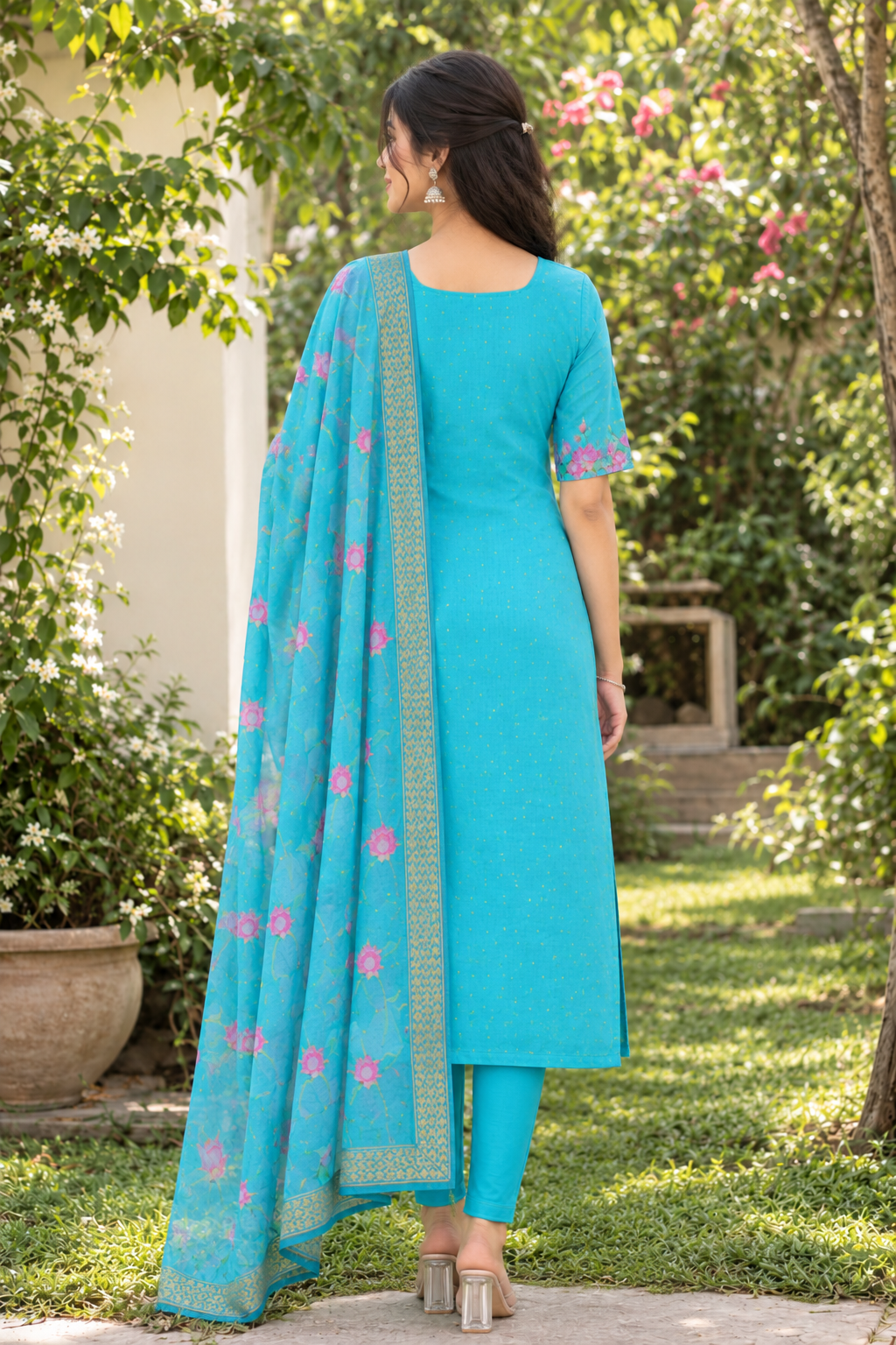 Aqua Bloom Lotus Pond Print Kurta Top with Gold Zari Border Lotus Chiffon Dupatta