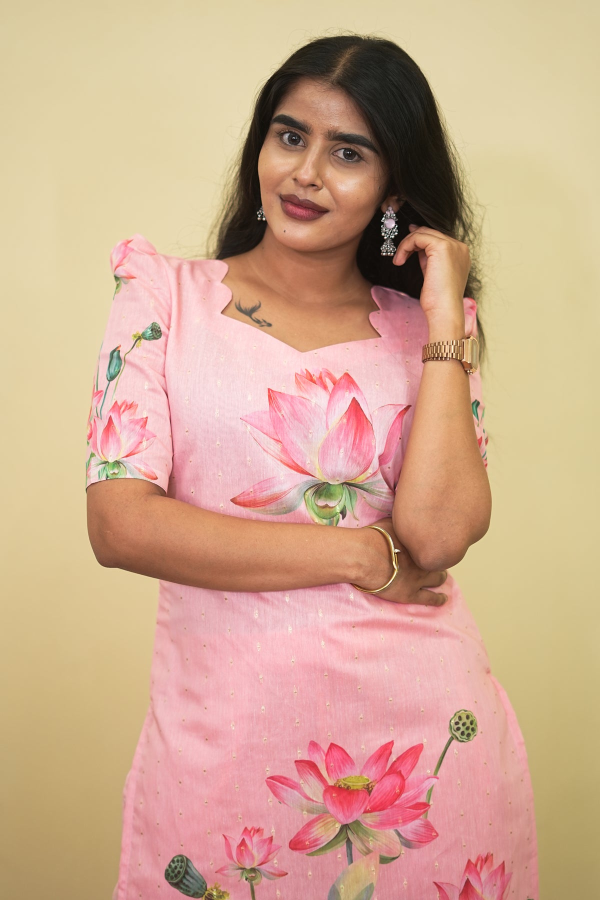 Elegant Baby Pink Lotus Floral Kurta Set 3pcs set | G - 019