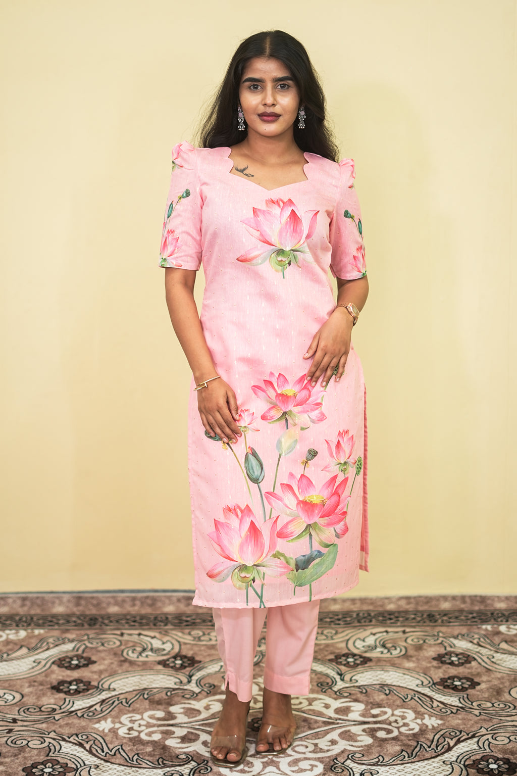 Elegant Baby Pink Lotus Floral Kurta Set 3pcs set | G - 019