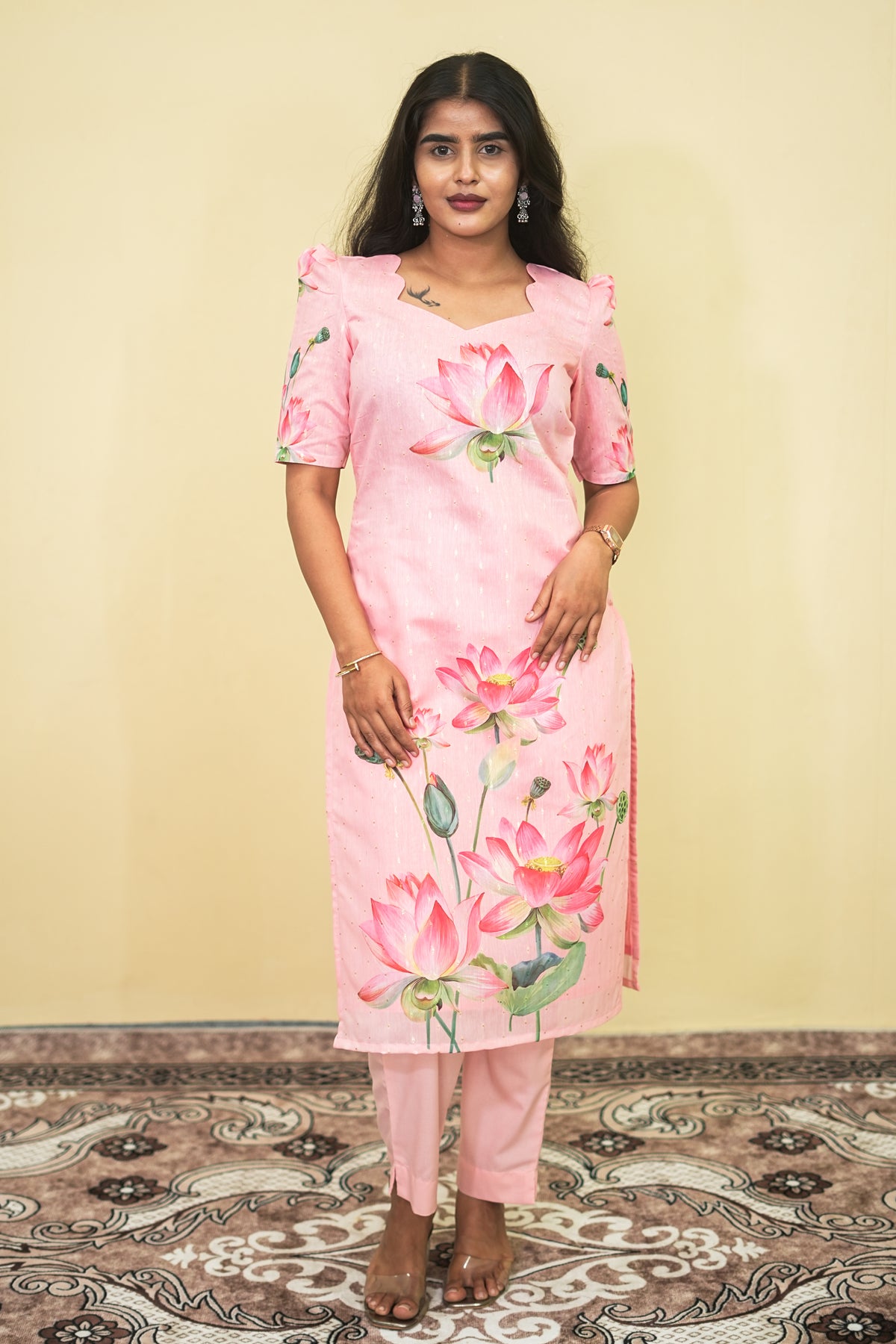 Elegant Baby Pink Lotus Floral Kurta Set 3pcs set | G - 019