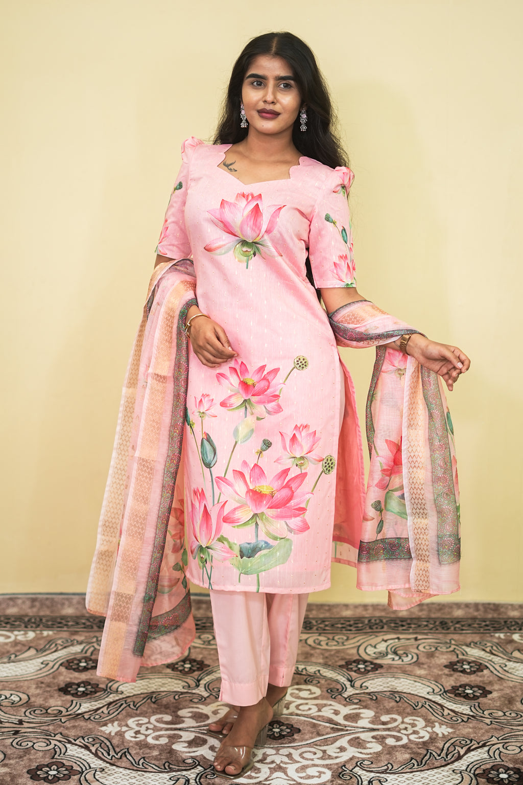 Elegant Baby Pink Lotus Floral Kurta Set 3pcs set | G - 019