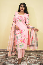 Elegant Baby Pink Lotus Floral Kurta Set 3pcs set | G - 019