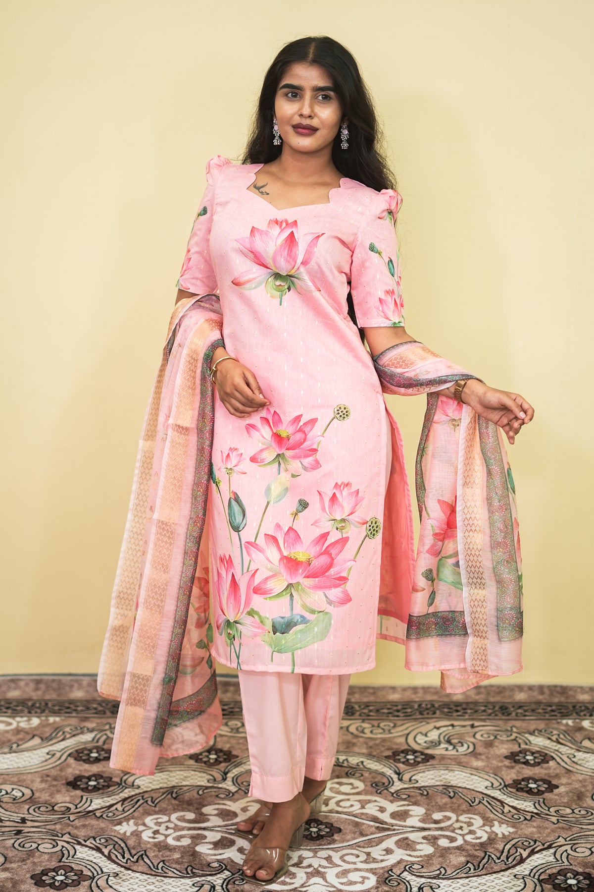 Elegant Baby Pink Lotus Floral Kurta Set 3pcs set | G - 019