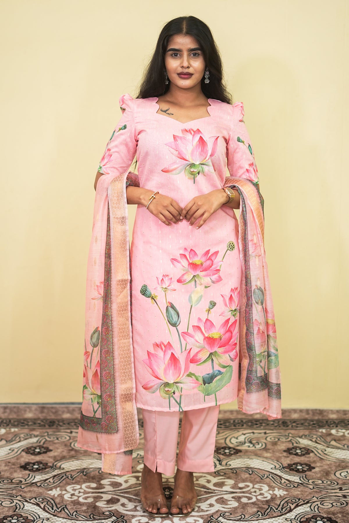 Elegant Baby Pink Lotus Floral Kurta Set 3pcs set | G - 019