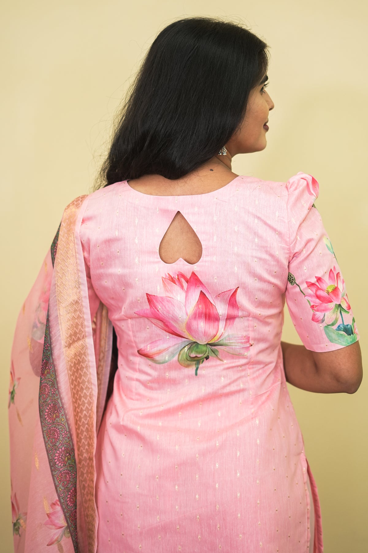 Elegant Baby Pink Lotus Floral Kurta Set 3pcs set | G - 019
