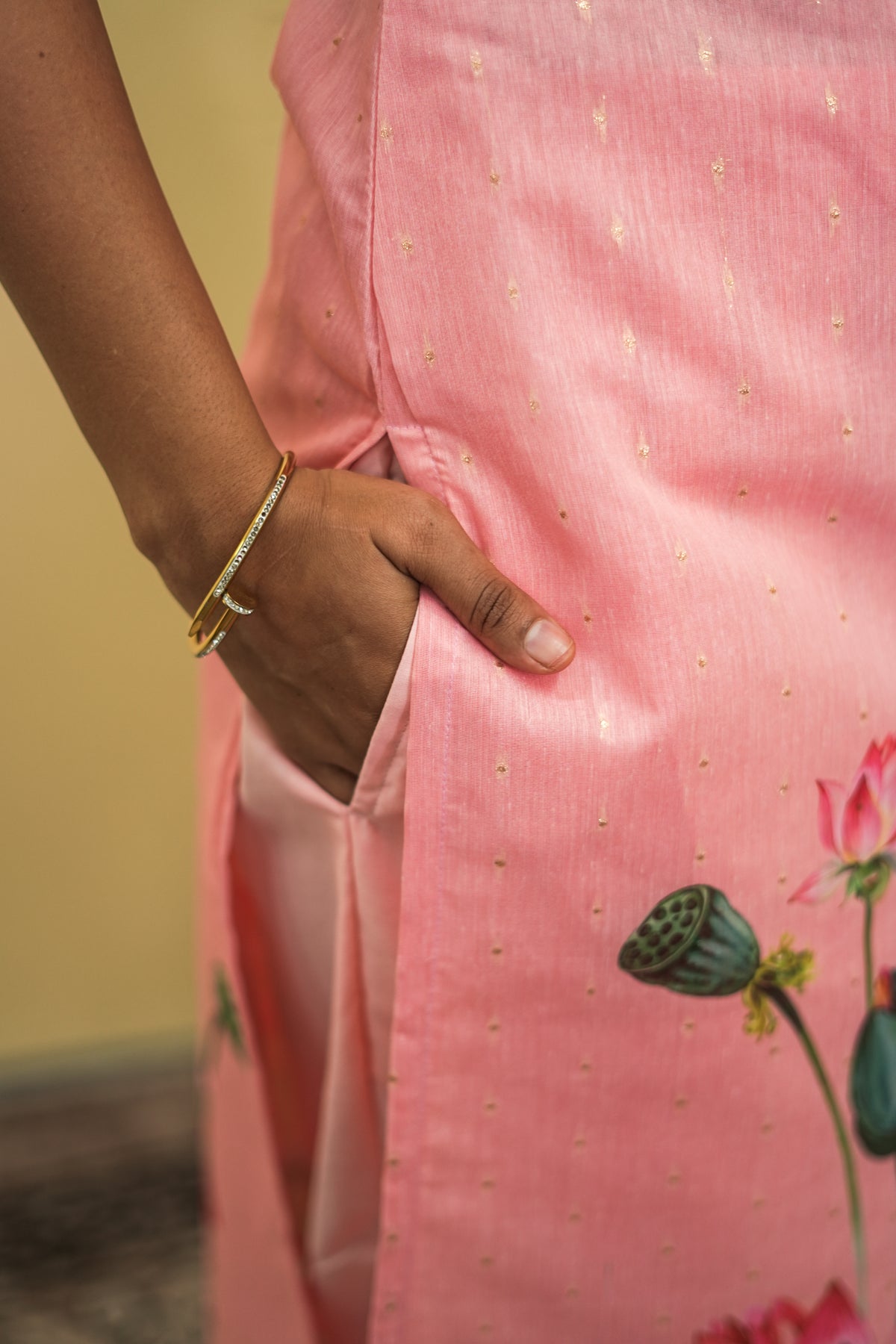 Elegant Baby Pink Lotus Floral Kurta Set 3pcs set | G - 019