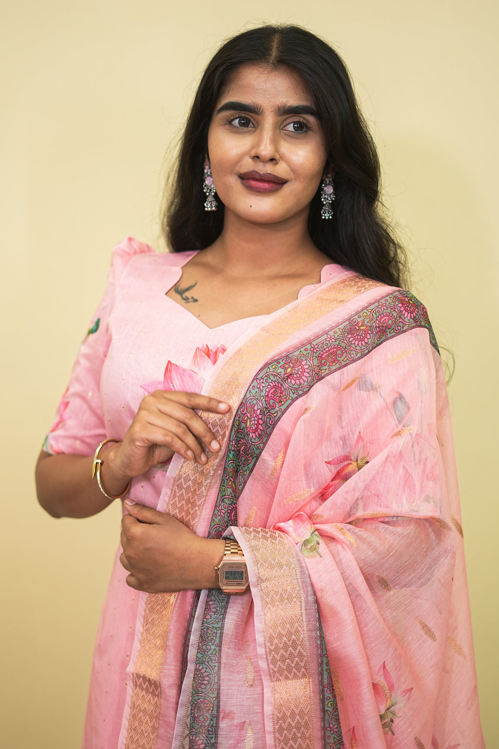 Elegant Baby Pink Lotus Floral Kurta Set 3pcs set | G - 019
