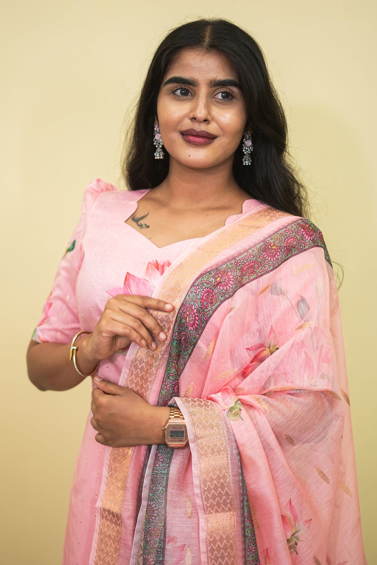 Elegant Baby Pink Lotus Floral Kurta Set 3pcs set | G - 019