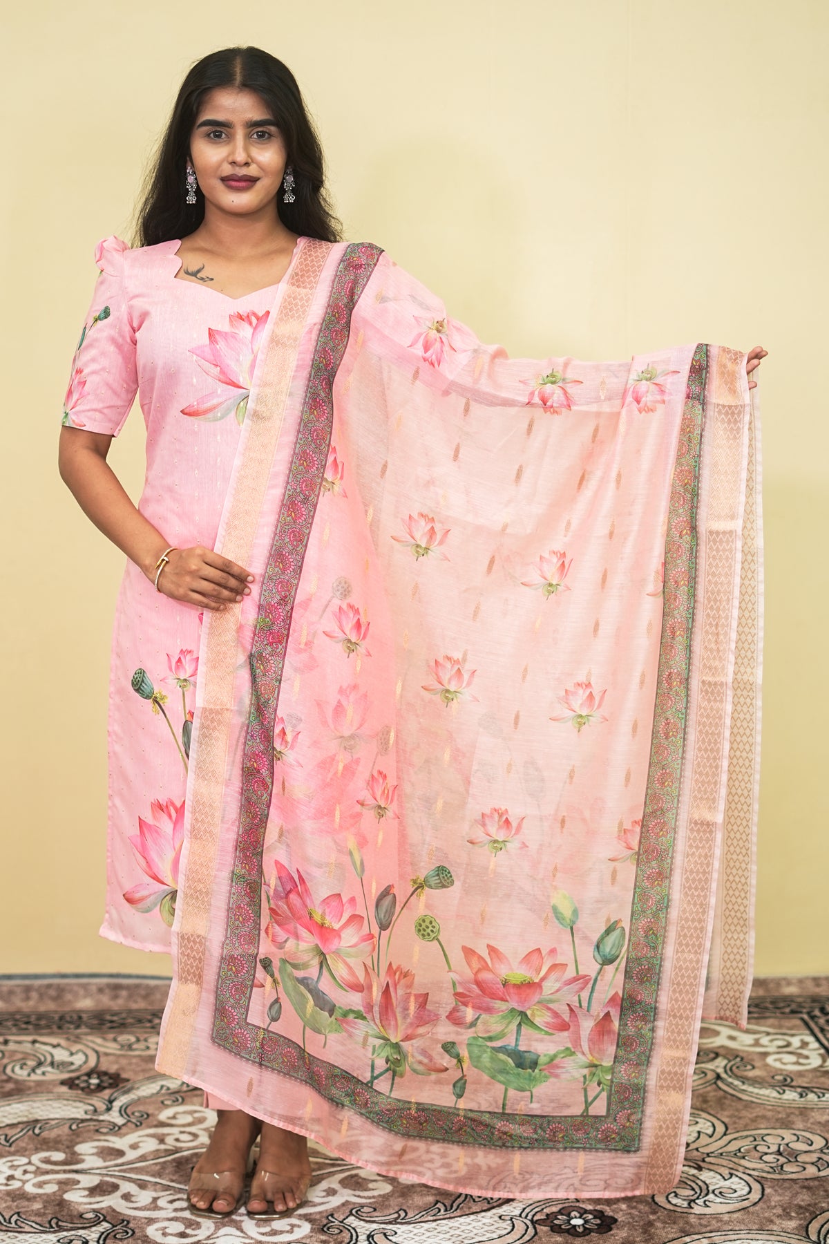 Elegant Baby Pink Lotus Floral Kurta Set 3pcs set | G - 019