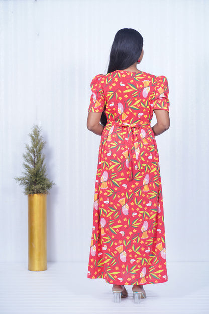 Zipless Feeding Maternity Gown Red Leaf- Puff sleeve 52 inches