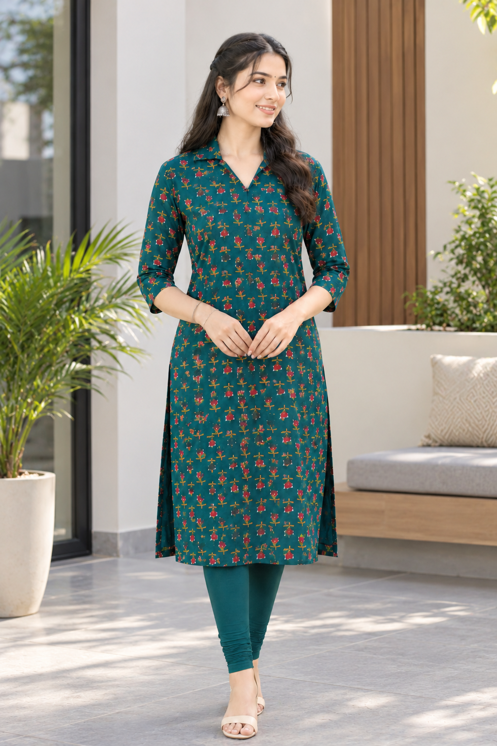 Emerald Green Floral Print Kurti Top