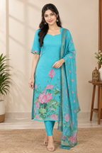 Aqua Bloom Lotus Pond Print Kurta Top with Gold Zari Border Lotus Chiffon Dupatta