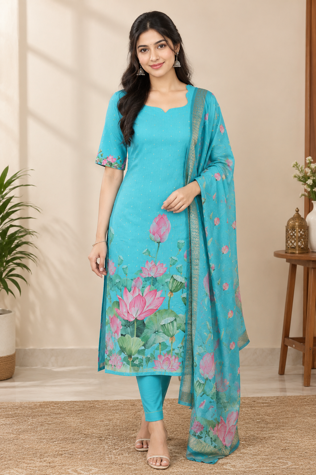 Aqua Bloom Lotus Pond Print Kurta Top with Gold Zari Border Lotus Chiffon Dupatta