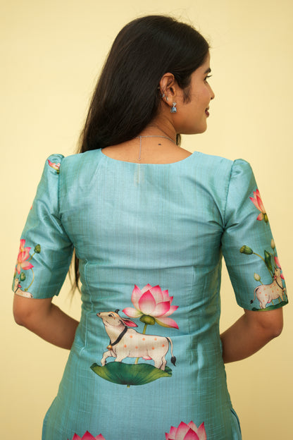 Sage Lotus Floral Ethnic - 3 pcs Kurta Set | G - 016