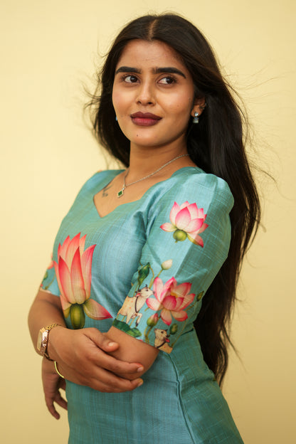 Sage Lotus Floral Ethnic - 3 pcs Kurta Set | G - 016