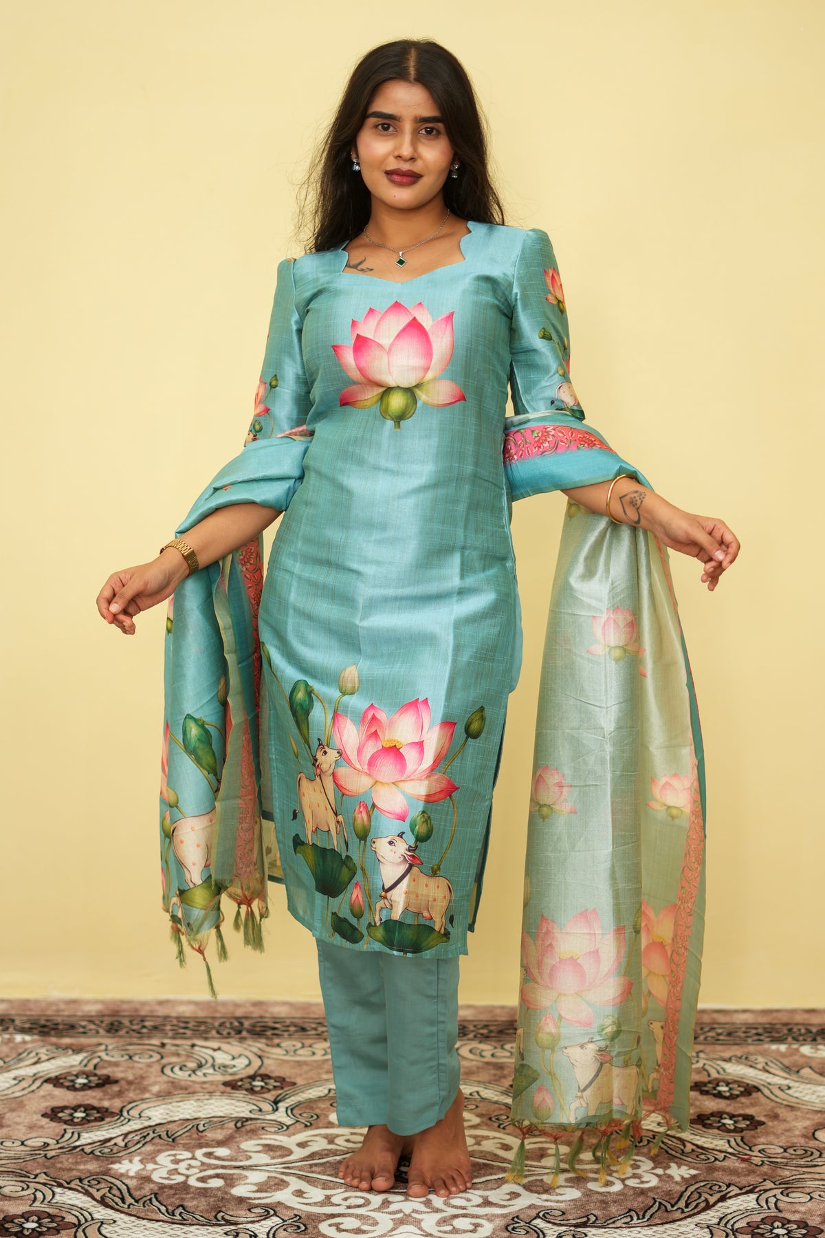 Sage Lotus Floral Ethnic - 3 pcs Kurta Set | G - 016