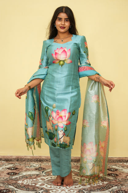 Sage Lotus Floral Ethnic - 3 pcs Kurta Set | G - 016