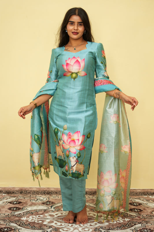 Sage Lotus Floral Ethnic - 3 pcs Kurta Set | G - 016