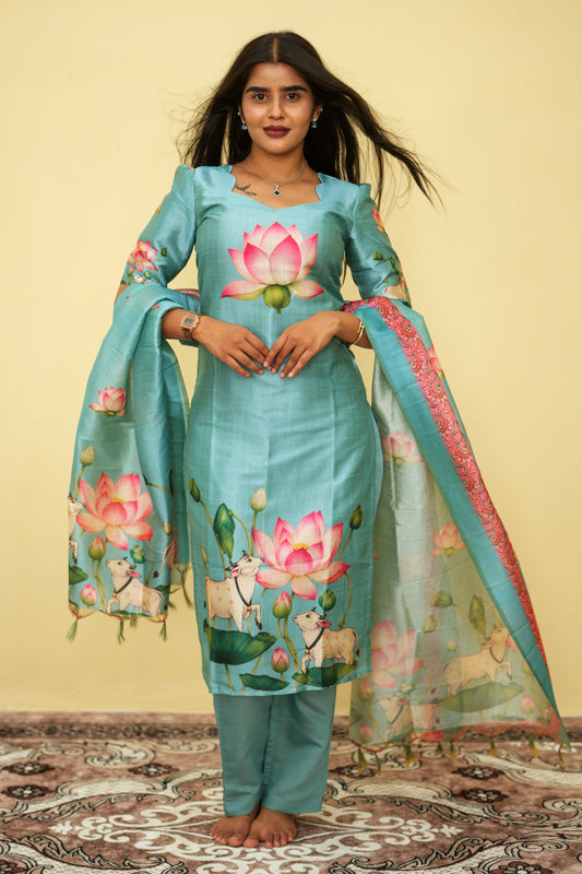 Sage Lotus Floral Ethnic - 3 pcs Kurta Set | G - 016