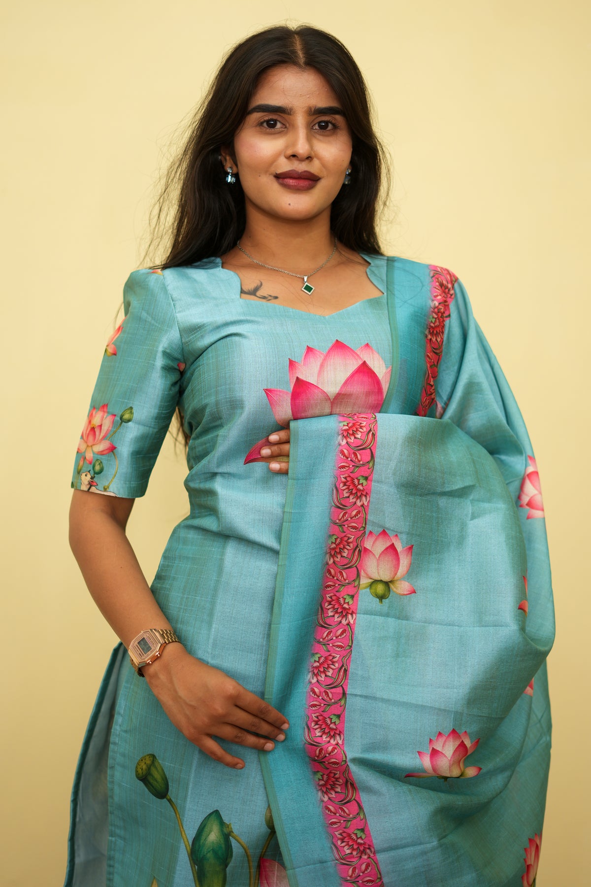 Sage Lotus Floral Ethnic - 3 pcs Kurta Set | G - 016