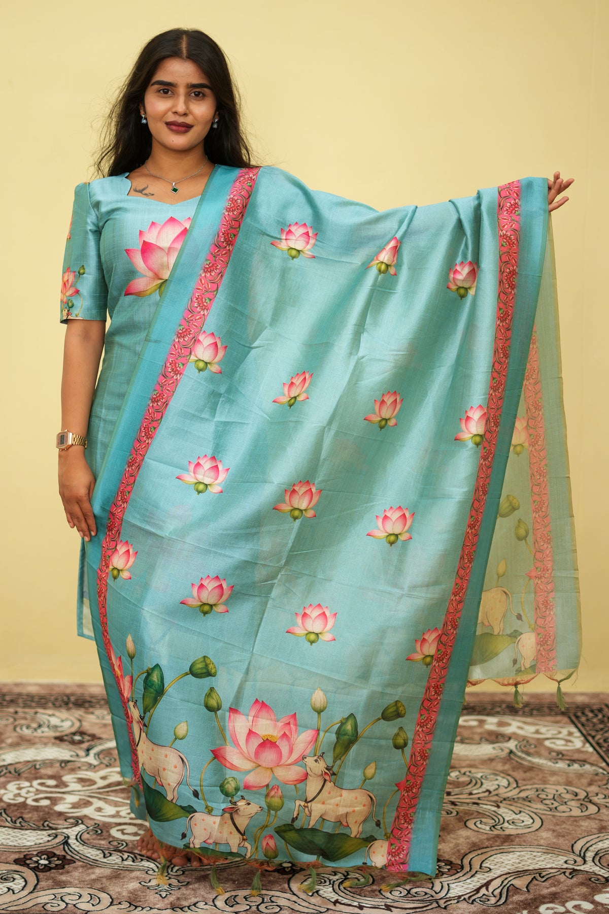 Sage Lotus Floral Ethnic - 3 pcs Kurta Set | G - 016