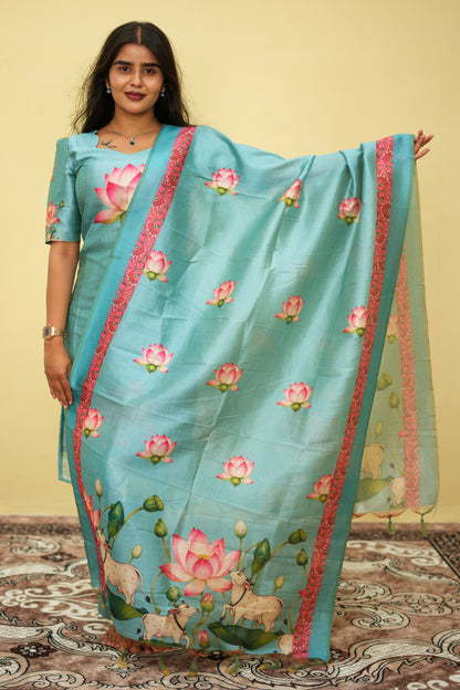 Sage Lotus Floral Ethnic - 3 pcs Kurta Set | G - 016