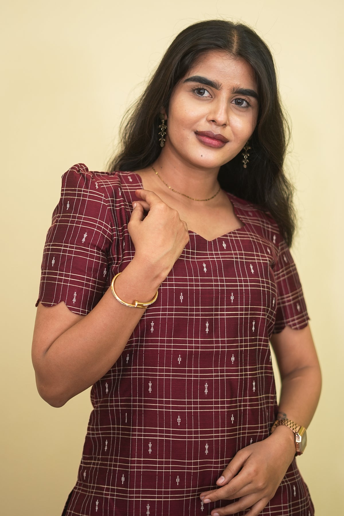 Maroon Checks Cotton Salwar Suit with Elegant Dupatta Set | G - 018