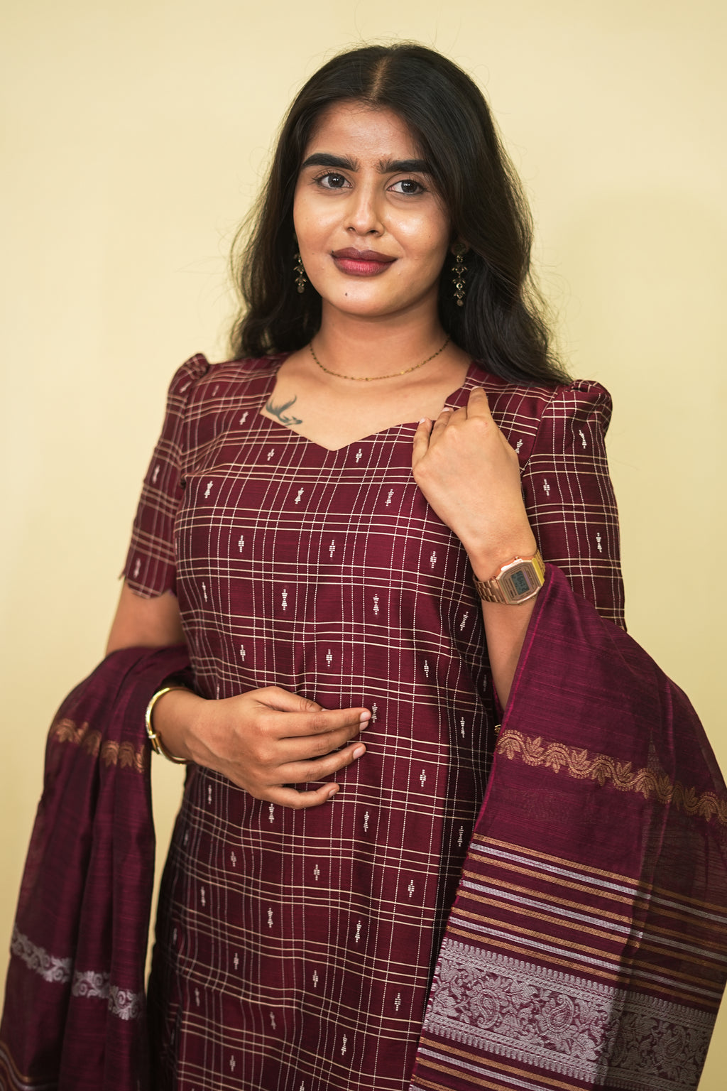 Maroon Checks Cotton Salwar Suit with Elegant Dupatta Set | G - 018