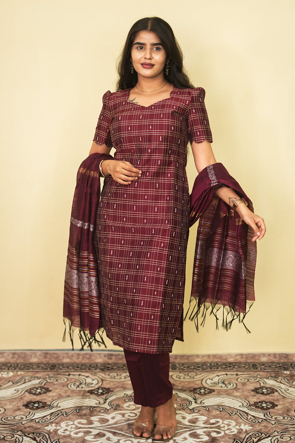 Maroon Checks Cotton Salwar Suit with Elegant Dupatta Set | G - 018